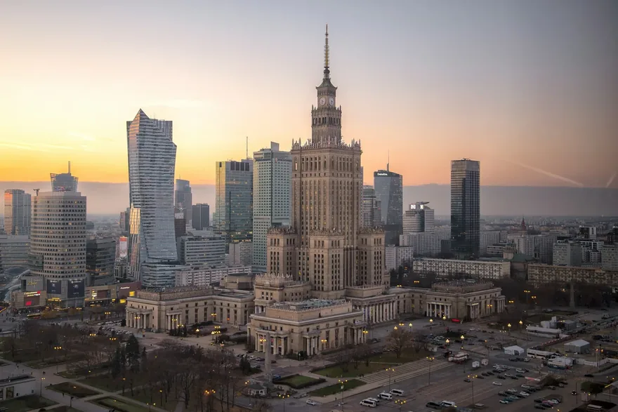 Warsaw skyline with the Palace of Culture and Science at sunset
